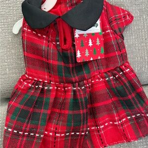 Pet cat dog Tartan Red Plaid Dress with Black Collar matching pjs
